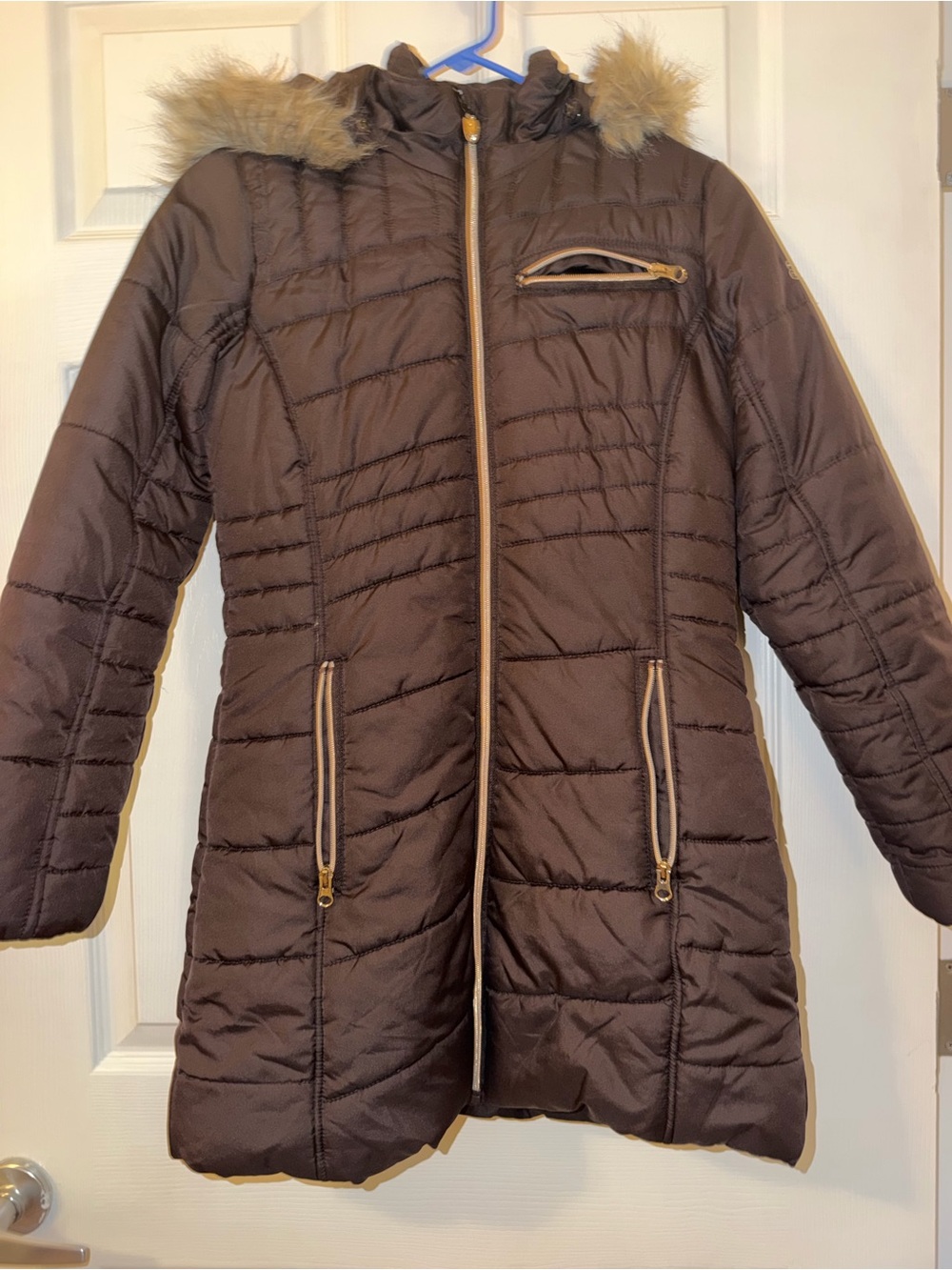 Hawke & Co Brown Quilted Hooded Puffer Coat with Faux-Fur Trim